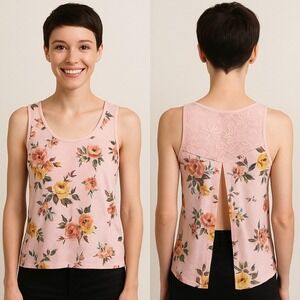 Feminine Tank Top Split Back Pink Floral Cottagecore Ambiance Flowy Womens Small
